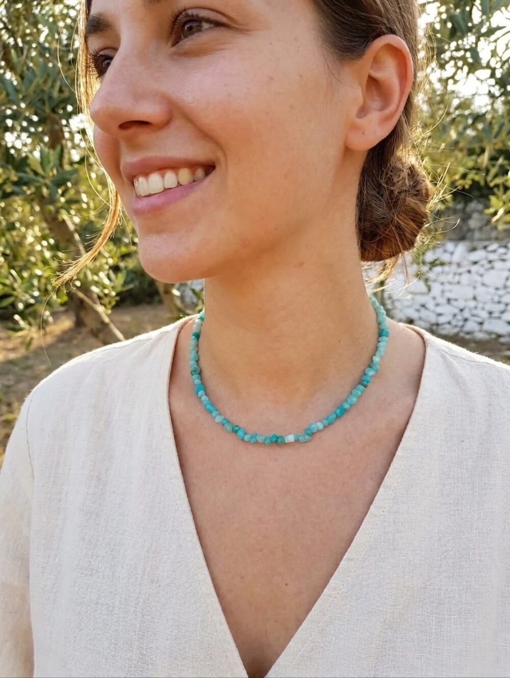 Light Blue Raw Turquoise Stone Beads Choker Necklace Silver Hardware - Picture 2 of 13